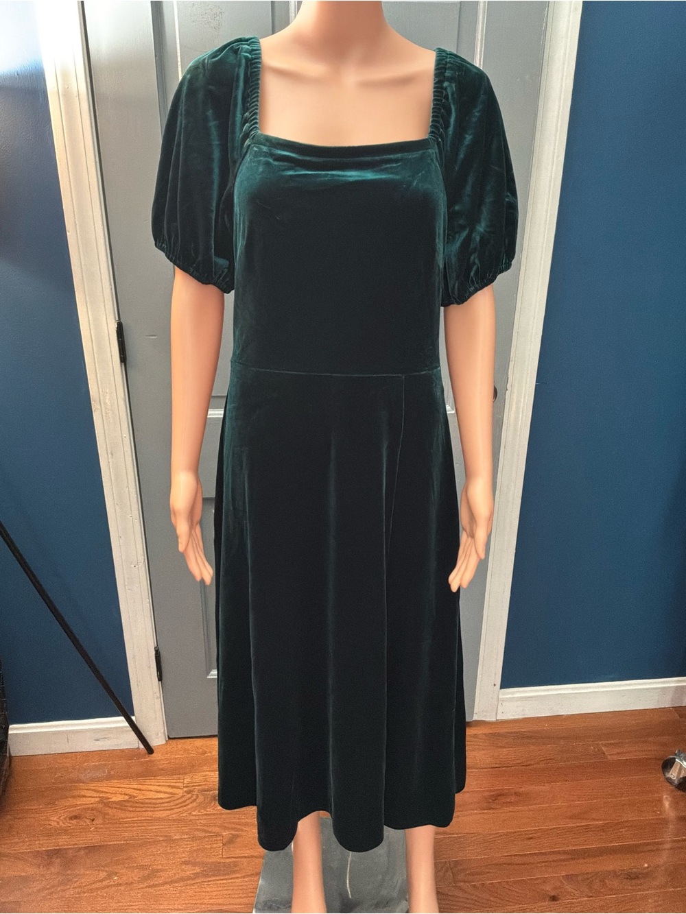 LOFT Deep Green Velvet Square-Neck Midi Dress